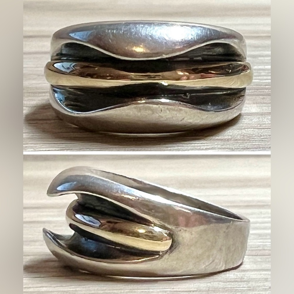 Sterling Silver & 18K Yellow Gold Organically Carved Modernist Dome Ring, Size 7